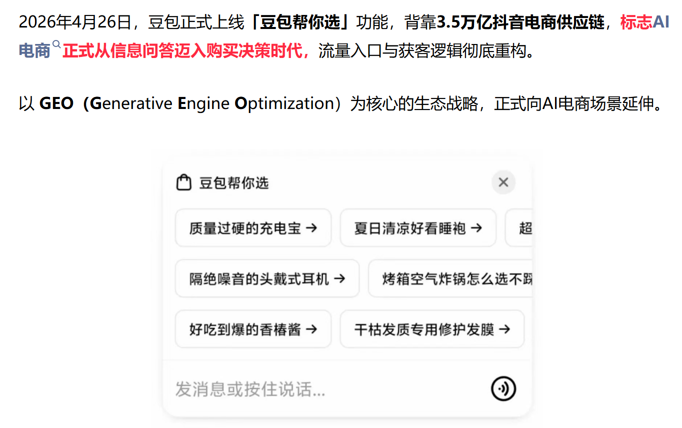 2026年4月26日，豆包正式上线豆包帮你选功能，背靠3.5万亿抖音电商供应链，标志AI电商°正式从信息问答迈入购买决策时代，流量入口与获客逻辑彻底重构。