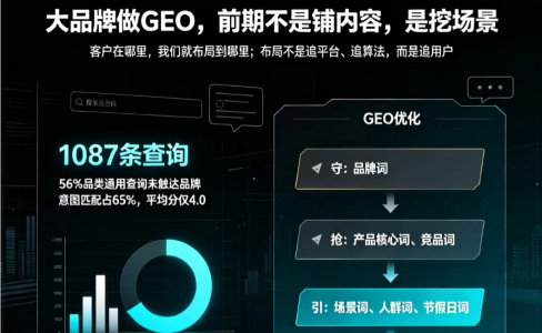 大品牌做GEO，前期不是铺内容，是挖场景  欧莱雅56%品类词没触达：GEO错在场景没找对 用平台方数据工具，挖出AI里的真实需求场景  大品牌做GEO，我从不建议一上来铺内容。欧莱雅诊断报告说明：5